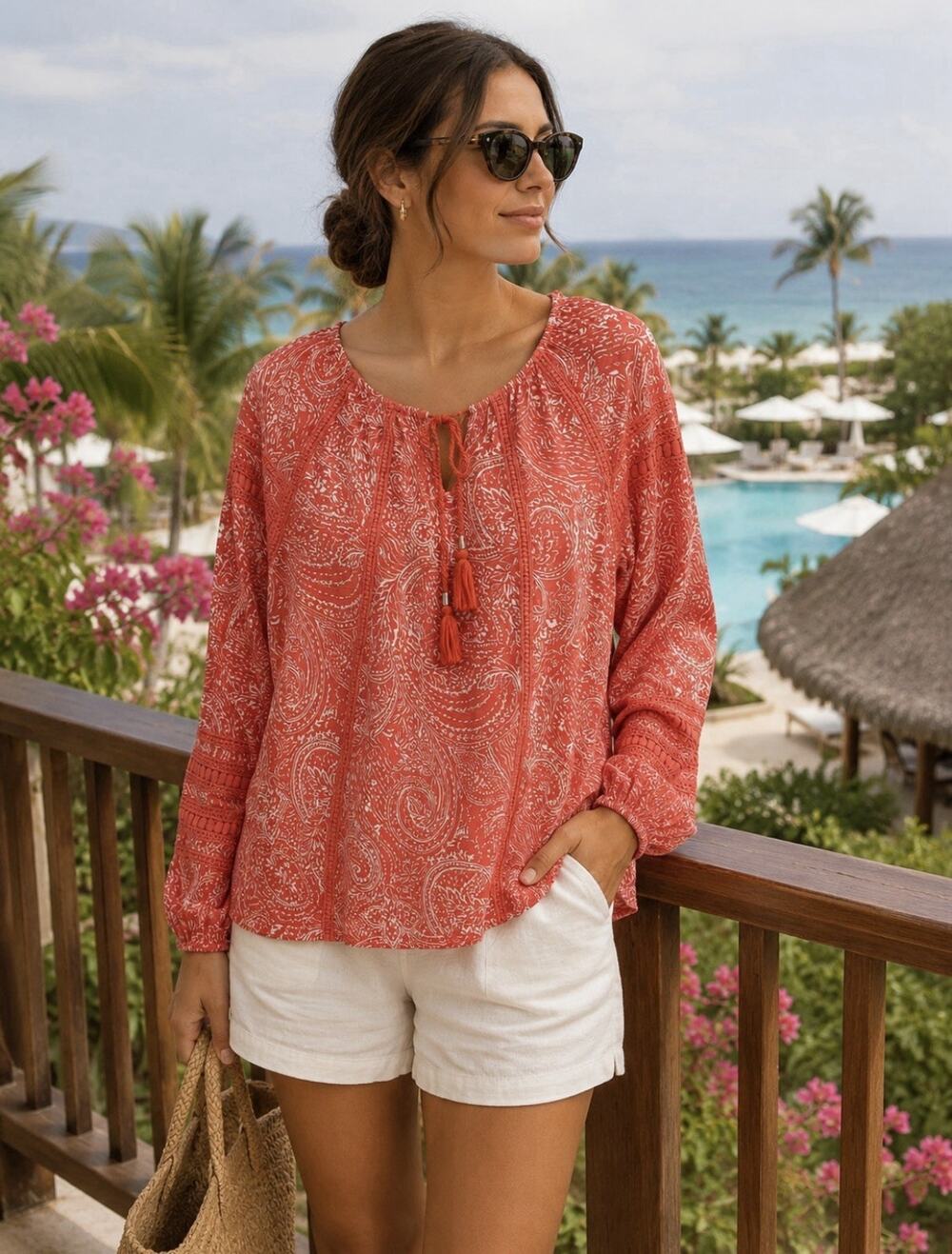 Coolibar Coral Floral Sarti Shirt Paisley Print Tassle Tie Upf 50 Sz M